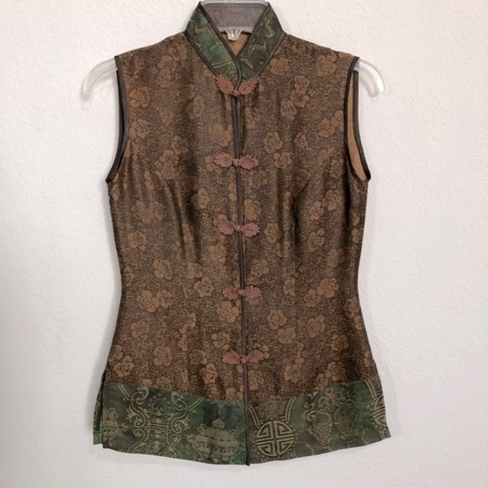 Brocade Silk Vest Mandarin Collar Embroidered Toggles Bound Seams Impeccable